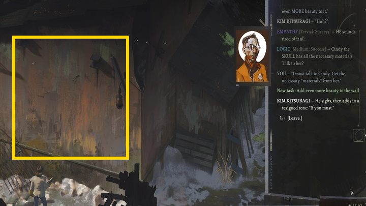 Zadanie rozpoczniecie analizując pustą ścianą nad wybrzeżem (obiekt interakcji) przy wysokiej Konceptualizacji (biały test) - Disco Elysium: Upiększ ścianę jeszcze bardziej - solucja, opis przejścia - Disco Elysium - poradnik do gry