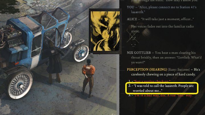 Podejdźcie do samochodu Kima, który stoi przed budynkiem Whirling-In-Rags i połączcie się z 41 posterunkiem - Disco Elysium: Skontaktuj się z lazaretem swojego komisariatu - solucja - Disco Elysium - poradnik do gry