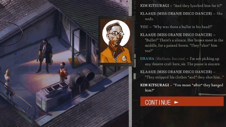 Klaasje przyzna, że tak naprawdę nie została napadnięta przez zmarłego najemnika - Disco Elysium: Porozmawiaj z ofiarą napadu - solucja - Disco Elysium - poradnik do gry