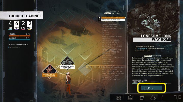 W każdym momencie możesz zatrzymać proces badania myśli - Disco Elysium: Schowek Myśli (Thought Cabinet) - Disco Elysium - poradnik do gry