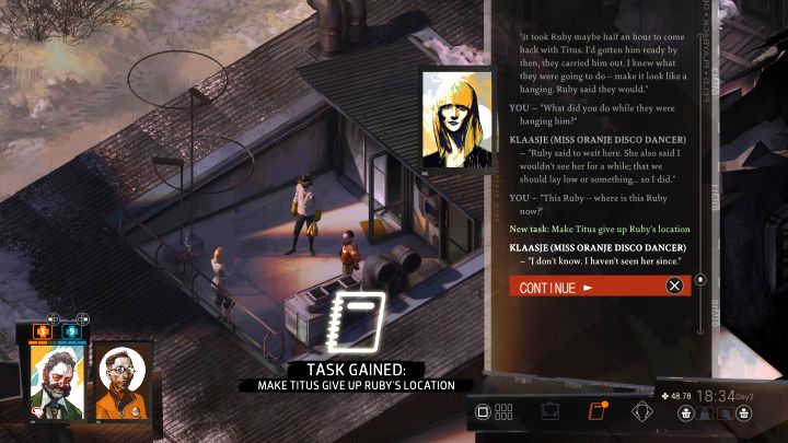 Zadanie to odblokujecie w trakcie rozmowy z Klaasje w ramach questu Wyciągnij całą historię z Titusa - Disco Elysium: Skłoń Titusa, żeby powiedział ci, gdzie jest Ruby - solucja - Disco Elysium - poradnik do gry