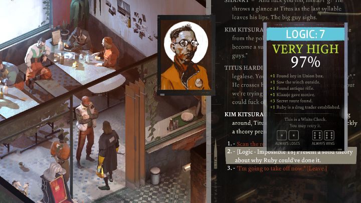 Rozmowa z Titusem nie będzie prosta, ponieważ mężczyzna wierzy, że Ruby nie zastrzeliła najemnika - Disco Elysium: Skłoń Titusa, żeby powiedział ci, gdzie jest Ruby - solucja - Disco Elysium - poradnik do gry
