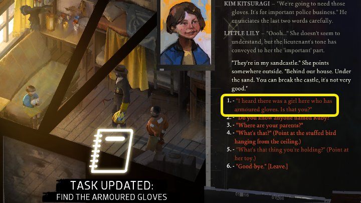 W środku spotkanie małą dziewczynkę o imieniu Lily - Disco Elysium: Znajdź opancerzone rękawice - solucja - Disco Elysium - poradnik do gry