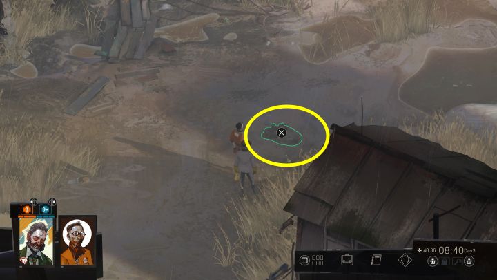 Znajdźcie domek z piasku na północ od chatki - jest to interaktywny punkt zaznaczony na obrazku - Disco Elysium: Znajdź opancerzone rękawice - solucja - Disco Elysium - poradnik do gry
