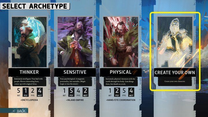 Jeśli chcecie stworzyć własnego unikatowego bohatera, wybierzcie opcję Stwórz swoją własną postać (Create your own character), by przejść do kreatora nowej postaci w grze Disco Elysium - Disco Elysium: Kreacja postaci - Disco Elysium - poradnik do gry