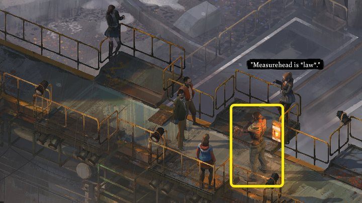 Po wejściu na wyższy poziom skręćcie w prawo i idźcie przed siebie, a w końcu traficie do miejsca, w którym stoi Miarogłowy i będziecie mogli z nim porozmawiać - Disco Elysium: Gdzie jest Miarogłowy (Measurehead)? - Disco Elysium - poradnik do gry