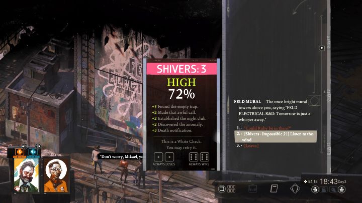 Waszym zadaniem jest przejście testu umiejętności Dreszcze, by bohater mógł porozmawiać z wiatrem - Disco Elysium: Poszukaj Ruby na wybrzeżu - solucja - Disco Elysium - poradnik do gry