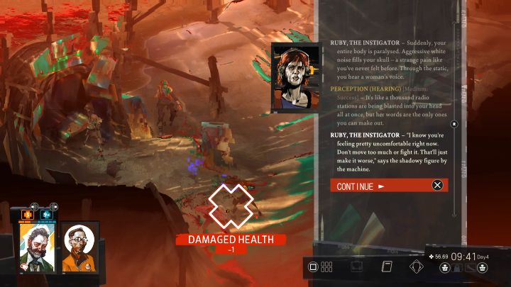 Po wejściu do jaskini Harry i Kim spotkają Ruby i zostaną uwięzieni przez fale radiowe wielkiego kompresora - Disco Elysium: Poszukaj Ruby na wybrzeżu - solucja - Disco Elysium - poradnik do gry