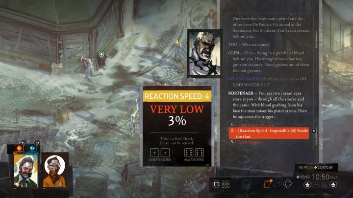 Trzeci krok to atak Kortenaera i jest z nim powiązany bardzo trudny umiejętności Czas reakcji - Disco Elysium: Wróć do Whirling-in-Rags - solucja - Disco Elysium - poradnik do gry