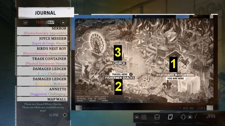 Po otwarciu dziennika możecie przełączyć się na drugą zakładkę (Mapa), na której widoczna będzie cała dzielnica Martinaise - Disco Elysium: Jak korzystać z szybkiej podróży? - Disco Elysium - poradnik do gry