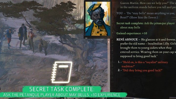 Udajcie się w pobliże lombardu na południowy-zachód od hostelu i porozmawiajcie z Rene Arnoux (mężczyzna w niebiesko-żółtym stroju) - skorzystajcie z opcji dialogowej dotyczącej konwalii - Disco Elysium: Spytaj grającego w petankę o konwalie - solucja - Disco Elysium - poradnik do gry