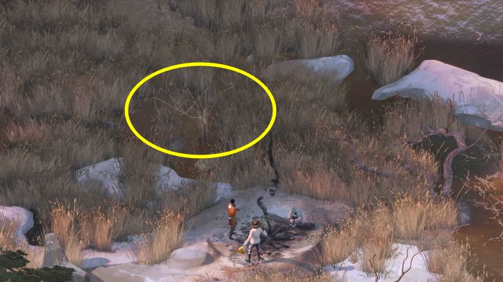 Straszyk pojawi się w trawie na północ od Was przy próbie odejścia od ogniska i wyruszenia z Dezerterem z powrotem w stronę łodzi - Disco Elysium: Przyjrzyj się straszykowi - solucja - Disco Elysium - poradnik do gry