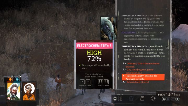 Z podejściem do straszyka bez wypłoszenia insekta powiązany jest test umiejętności Elektrochemia - Disco Elysium: Przyjrzyj się straszykowi - solucja - Disco Elysium - poradnik do gry