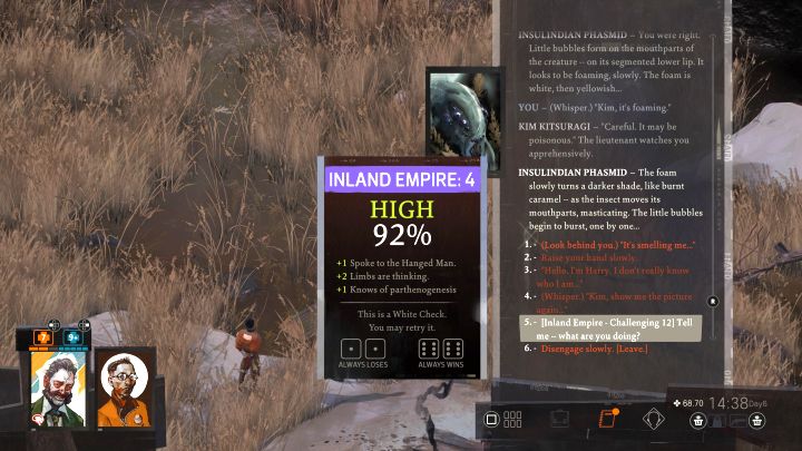 Możecie podjąć próbę dotknięcia insekta oraz komunikacji z insektem - ta druga akcja to test umiejętności Wewnętrzne imperium - Disco Elysium: Przyjrzyj się straszykowi - solucja - Disco Elysium - poradnik do gry