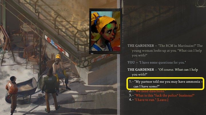 Podejdź do kobiety siedzącej przy hotelu Whirling-In-Rag i poproś ją o amoniak - wybierz opcję dialogową zaznaczoną na powyższym obrazku - Disco Elysium: Jak ściągnąć na dół wisielca (Hanged body)? - Disco Elysium - poradnik do gry