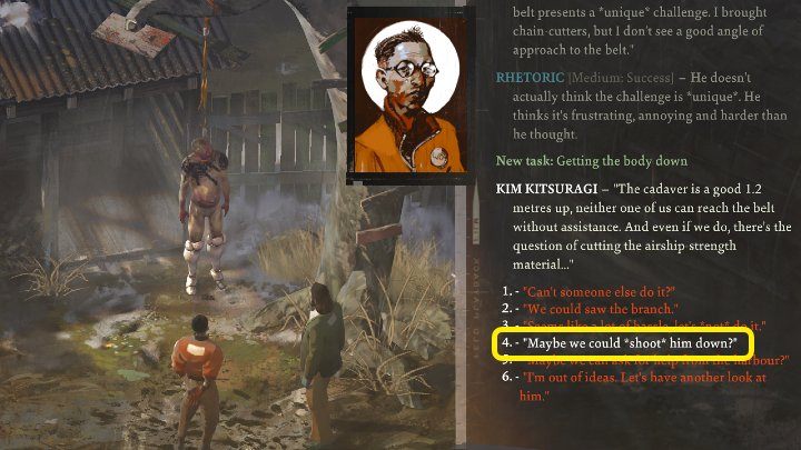 W trakcie dalszej rozmowy wybierz opcję dialogową Maybe we could shot him down - Disco Elysium: Jak ściągnąć na dół wisielca (Hanged body)? - Disco Elysium - poradnik do gry
