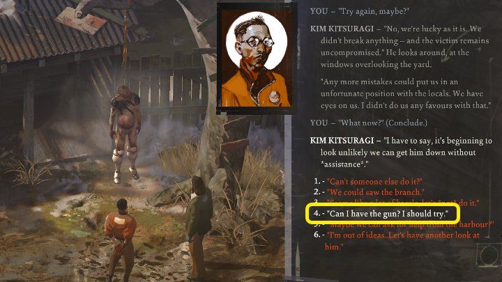 Próba Kima niestety się nie powiedzie, więc musisz wziąć sprawy w swoje ręce - wybierz opcję dialogową Can I have the gun - Disco Elysium: Jak ściągnąć na dół wisielca (Hanged body)? - Disco Elysium - poradnik do gry