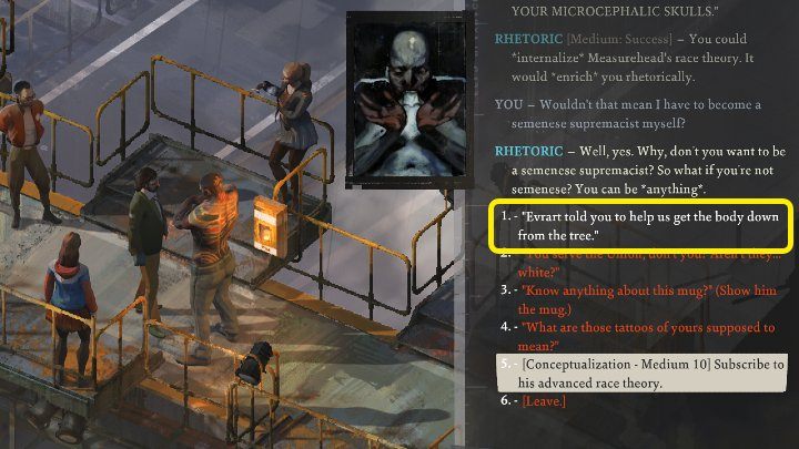 Udaj się do miejsca, w którym przebywa Measurehead i pomów z nim - Disco Elysium: Jak ściągnąć na dół wisielca (Hanged body)? - Disco Elysium - poradnik do gry