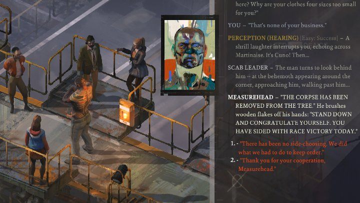 Gdy mężczyzna wykona swoją pracę i wróci, możesz podziękować mu za pomoc i współpracę - Disco Elysium: Jak ściągnąć na dół wisielca (Hanged body)? - Disco Elysium - poradnik do gry