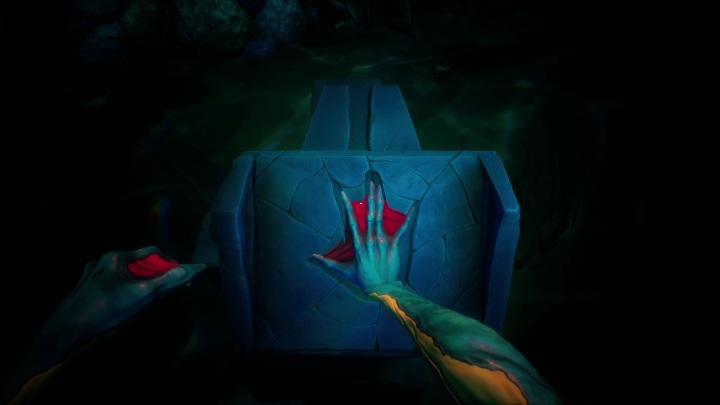 Aby wyjść z tego wodnego terenu musicie podpłynąć do filetowego okręgu - Call of the Sea: Rozdział 5, Zatopione - solucja, opis przejścia - Call of the Sea - poradnik do gry