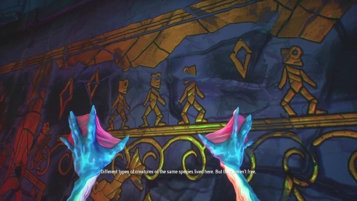 Ten mural znajduje się pod wodą, traficie na niego płynąć do niebieskich i różowych roślin - Call of the Sea: Rozdział 5, Zatopione - malowidła ścienne - Call of the Sea - poradnik do gry