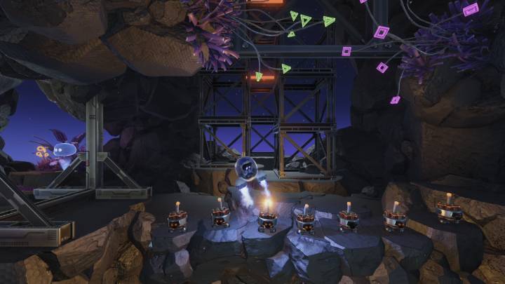 Doleć do kolejnego punktu kontrolnego i zapal wszystkie dynamity stojące na kamieniach - Astros Playroom: Jaskinie buforowania - solucja, opis przejścia - Astros Playroom - poradnik do gry