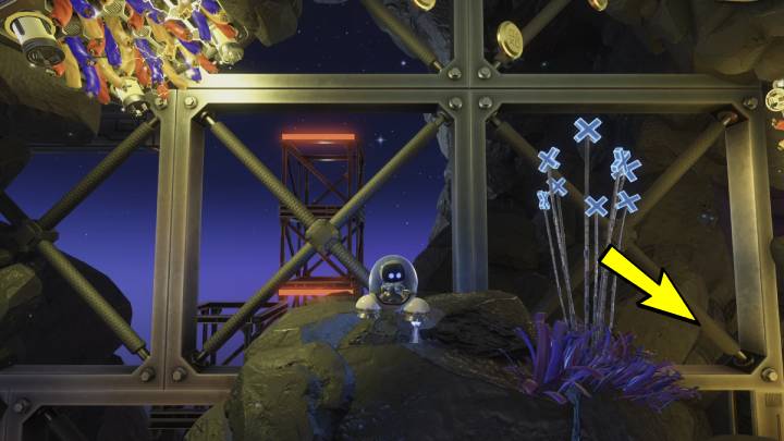 Gdy dotrzesz do monet ułożonych na kształt koła wleć do tunelu po prawej - Astros Playroom: Jaskinie buforowania - solucja, opis przejścia - Astros Playroom - poradnik do gry