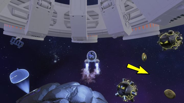 Wyleć z asteroidy i podążaj w ślad za monetami, uważając aby nie zbliżyć się do elektrycznych bomb - Astros Playroom: Orbital przeszkody - solucja, opis przejścia - Astros Playroom - poradnik do gry