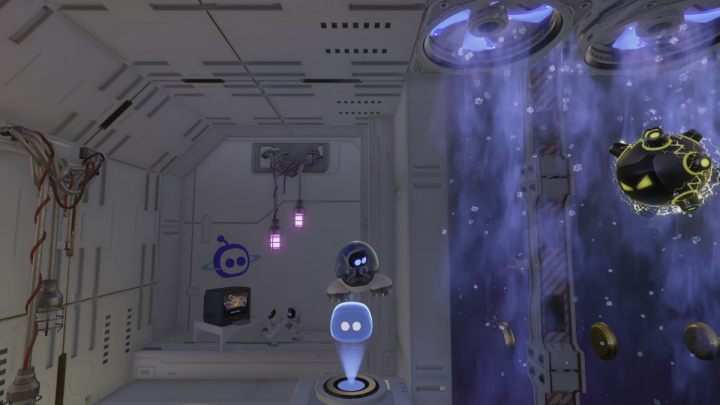 Wróć z powrotem lodowym tunelem do pomieszczenia z bombami i kieruj się w górę, aż dotrzesz do końca tunelu - Astros Playroom: Orbital przeszkody - solucja, opis przejścia - Astros Playroom - poradnik do gry