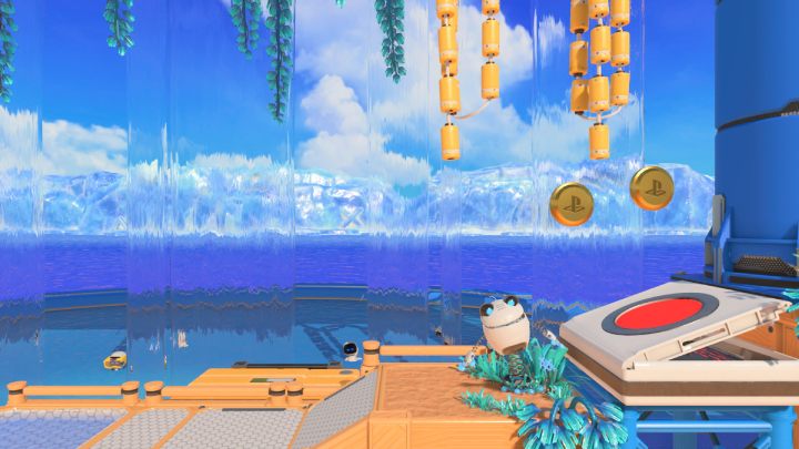 Przeskakuj w prawo, aż dotrzesz do trampoliny z czerwonym guzikiem - Astros Playroom: Sprężynowe spa - solucja, opis przejścia - Astros Playroom - poradnik do gry