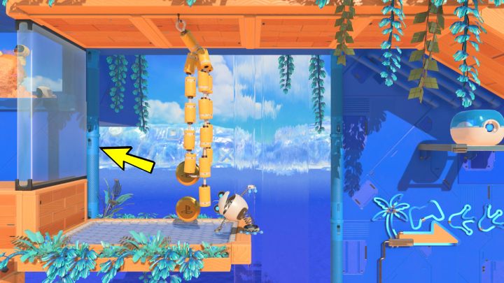 Gdy dotrzesz na górę przebij się przez szybę po lewej stronie ekranu - Astros Playroom: Sprężynowe spa - solucja, opis przejścia - Astros Playroom - poradnik do gry