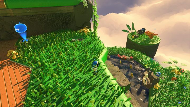 Przy punkcie kontrolnym zeskocz w dół na małą wysepkę i zbierz monety - Astros Playroom: Las renderów - solucja, opis przejścia - Astros Playroom - poradnik do gry