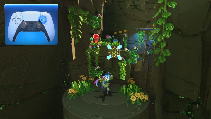 Rzuć elementem w punkt po przeciwnej stronie, aby pokazał się kabel, po którym przejdziesz na dalszą część wyspy - Astros Playroom: Las renderów - solucja, opis przejścia - Astros Playroom - poradnik do gry