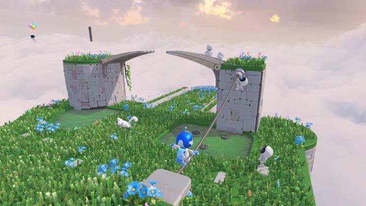 Wejdź na pobliskie schody i przejdź po kablu na drugą stronę, aby wziąć 1 element układanki - Astros Playroom: Wietrzna brama - solucja, opis przejścia - Astros Playroom - poradnik do gry