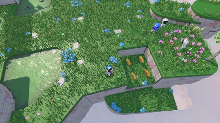 Zeskocz w dół przy grupie botów, zbierz monety i zejdź po schodach na chmurę - Astros Playroom: Wietrzna brama - solucja, opis przejścia - Astros Playroom - poradnik do gry