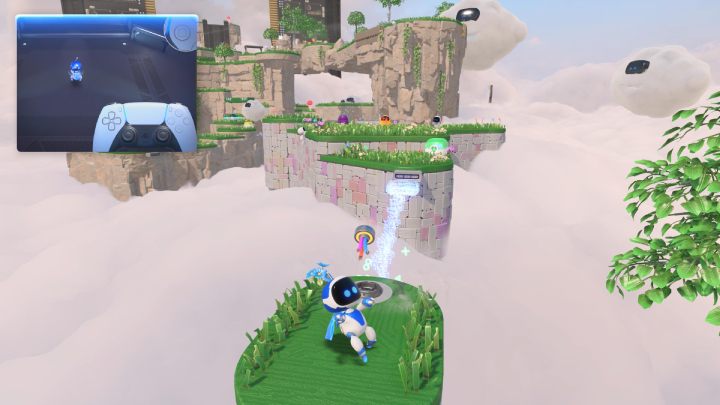 Wróć na górę i wskocz na schody obok botów - Astros Playroom: Wietrzna brama - solucja, opis przejścia - Astros Playroom - poradnik do gry