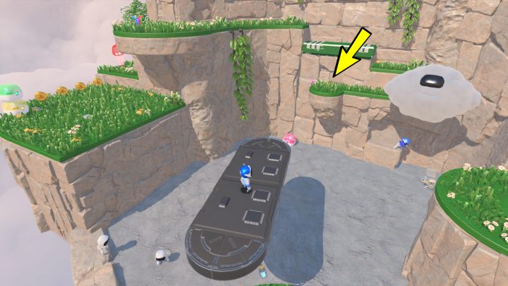 Wskocz na platformę i poczekaj aż obróci się w stronę chmury, następnie szybko przeleć na schody - Astros Playroom: Wietrzna brama - solucja, opis przejścia - Astros Playroom - poradnik do gry