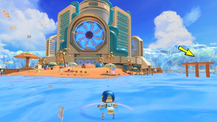 Zjedź po ślizgawce do wody i podpłyń do brzegu - Astros Playroom: Plaża botów - solucja, opis przejścia - Astros Playroom - poradnik do gry