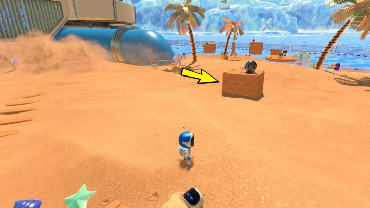 Rozejrzyj się w koło i znajdź skrzynię, na której stoi przeciwnik z kablami wystającymi z głowy - Astros Playroom: Plaża botów - solucja, opis przejścia - Astros Playroom - poradnik do gry