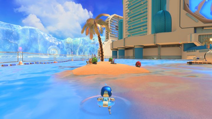 Dopłyń do wysepki z palmą i pokonaj wszystkich wrogów - Astros Playroom: Plaża botów - solucja, opis przejścia - Astros Playroom - poradnik do gry