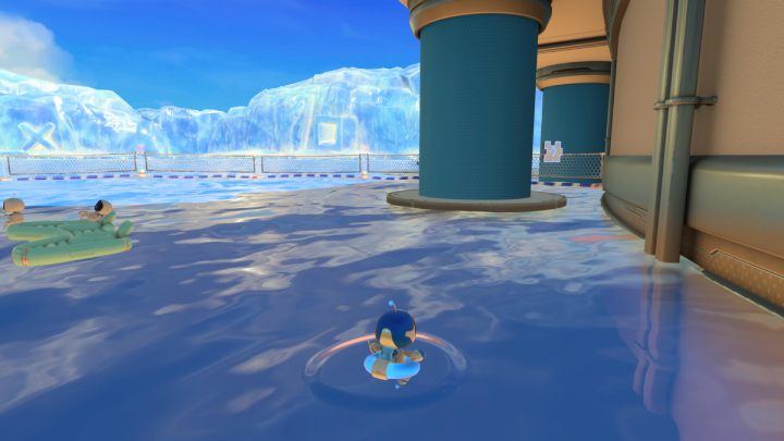 Wejdź do wody między palmami i podpłyń do pojemnika znajdującego się na pontonie - Astros Playroom: Plaża botów - solucja, opis przejścia - Astros Playroom - poradnik do gry