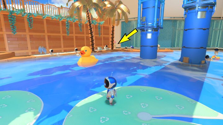 Pozbieraj monety z liści, a następnie dopłyń do prawego krańca basenu - Astros Playroom: Plaża botów - solucja, opis przejścia - Astros Playroom - poradnik do gry