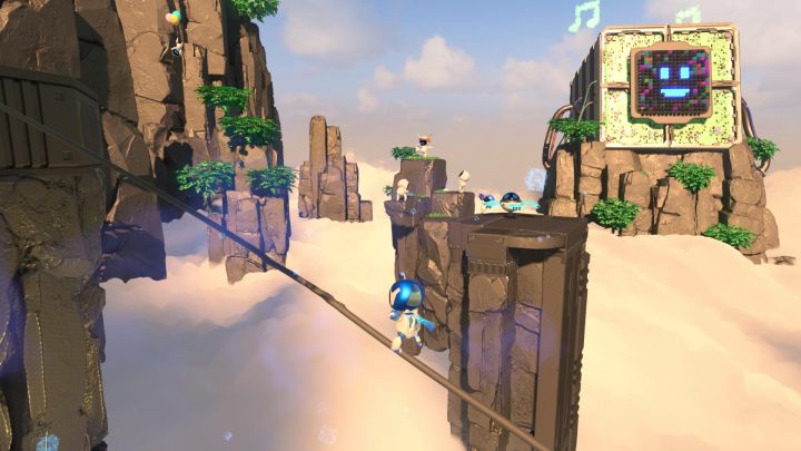 Idąc po kablu obróć kamerę w prawo, silny podmuch wiatru sprawi, że przewód zacznie się wychylać - Astros Playroom: Ruiny raytrace - solucja, opis przejścia - Astros Playroom - poradnik do gry