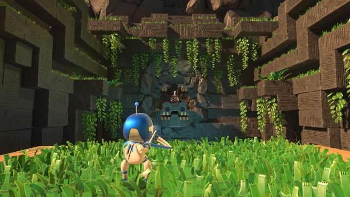 Zestrzel przeciwnika stojącego na pysku skalnego smoka, aby rozpocząć walkę - Astros Playroom: Ruiny raytrace - solucja, opis przejścia - Astros Playroom - poradnik do gry