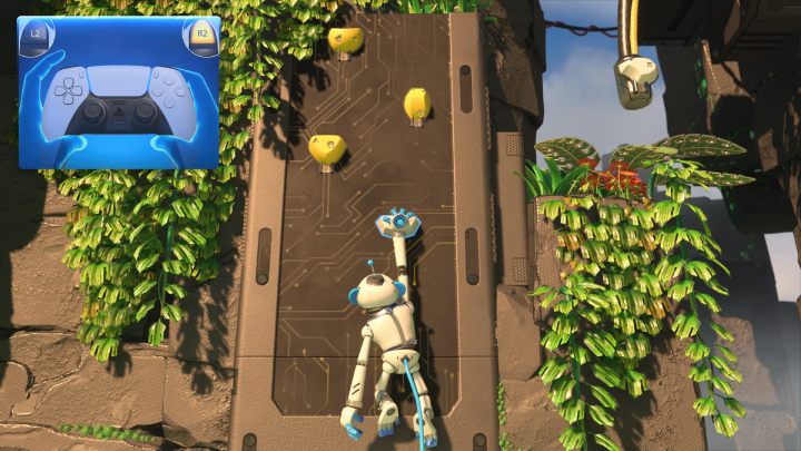 Po rozpoczęciu poziomu Góra płyta główna pociągnij za kable i po raz kolejny załóż strój małpy - Astros Playroom: Góra płyta główna - solucja, opis przejścia - Astros Playroom - poradnik do gry