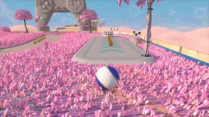 Będąc w kostiumie basebollowym zbij za jednym razem wszystkie kręgle, stojące na różowej łące - Astros Playroom: Trofea - Astros Playroom - poradnik do gry