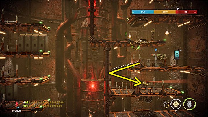 Kierujemy się teraz w dół przechodząc przez prawą część wieży i rekrutując 1 Mudokona - Oddworld Soulstorm: Skradanie się w Overlook Tower, Slig Barracks - solucja - Oddworld Soulstorm - poradnik do gry