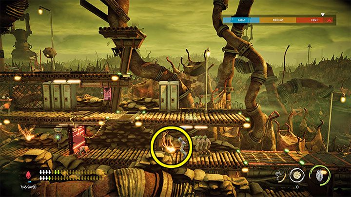 Kierujemy się dalej w lewo i zatrzymujemy się po dotarciu do checkpointu - Oddworld Soulstorm: Skradanie się w Overlook Tower, Slig Barracks - solucja - Oddworld Soulstorm - poradnik do gry