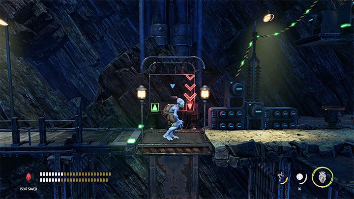 Możemy już wcisnąć lewy przycisk, czyli ten, przy którym zbiegają się wszystkie zielone połączenia - Oddworld Soulstorm: Zejście na Poziom 2, The Mines - solucja, opis przejścia - Oddworld Soulstorm - poradnik do gry
