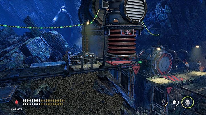 Powracamy dzięki drążkom na górny balkonik i wciskamy przycisk żeby przywołać windę - Oddworld Soulstorm: Znalezienie drogi na Poziom 3, The Mines - solucja - Oddworld Soulstorm - poradnik do gry